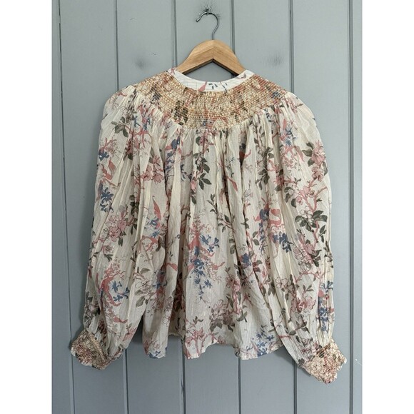 Anthropologie Top XXS Long Sleeve Smocked Lurex Bohemian Cream Pink Boho - Picture 8 of 8